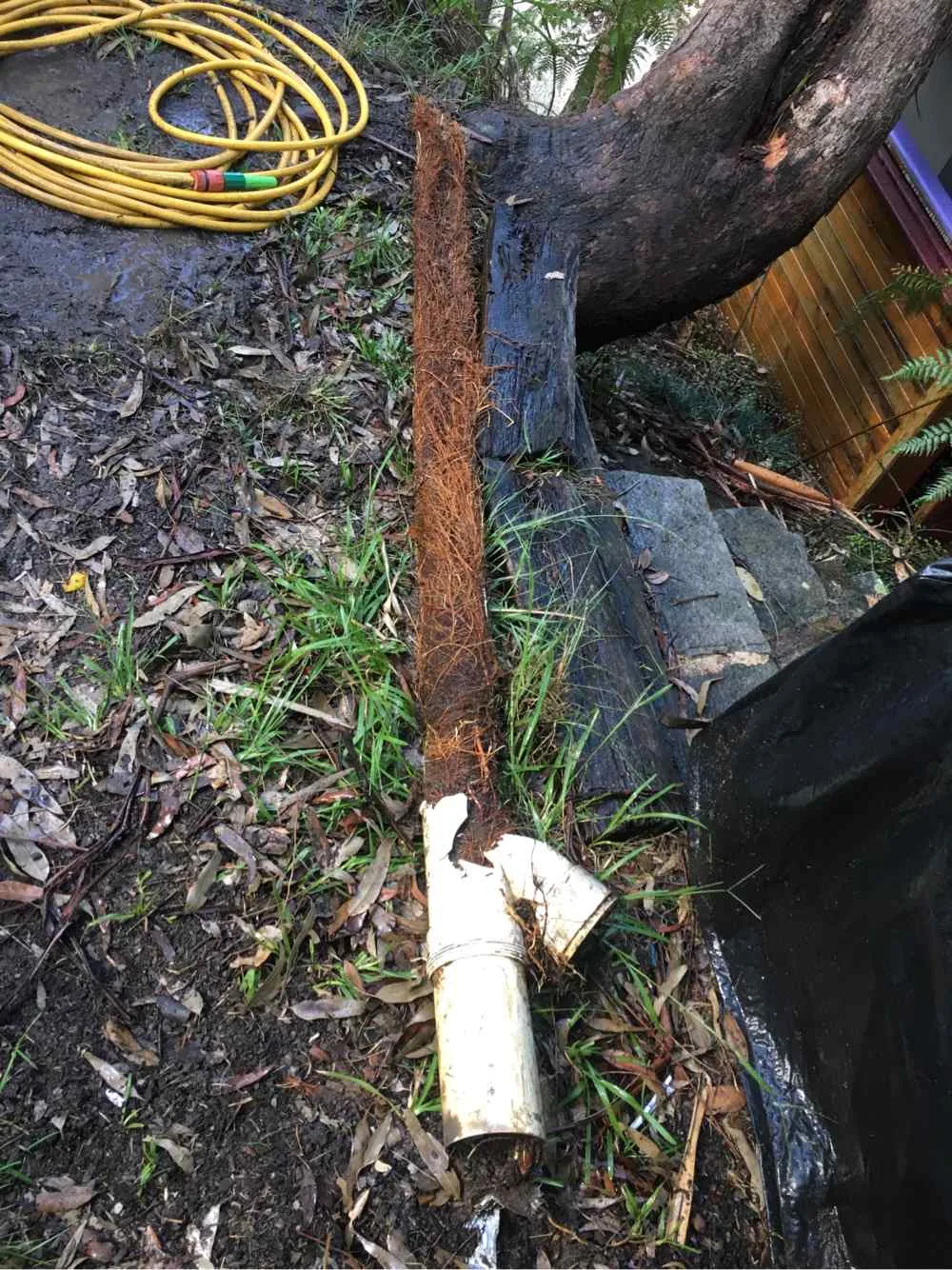Burst and deteriorated pipe exposed in a residential garden requiring emergency repair