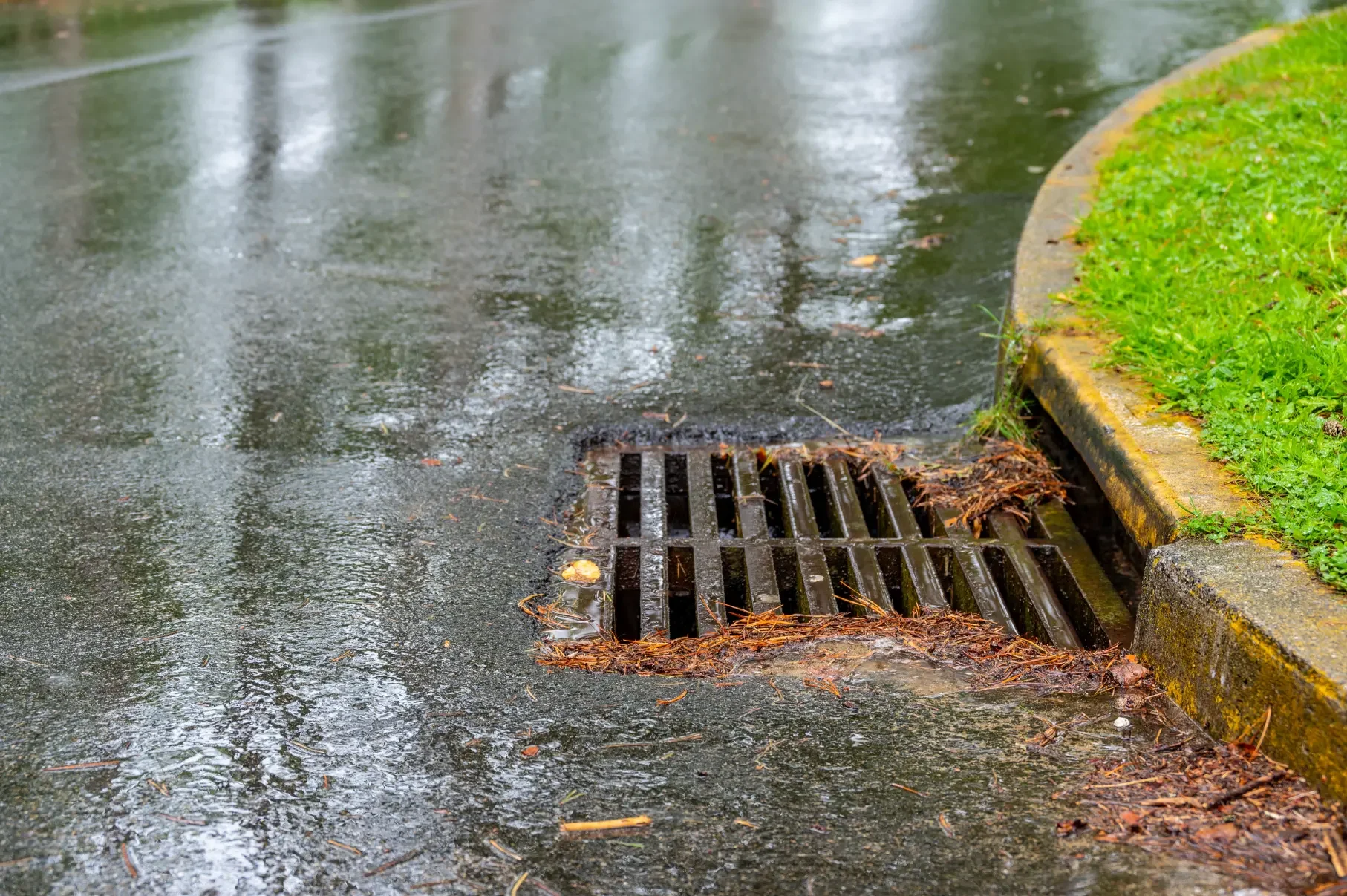Stormwater drain at a kerbside gutter during rainfall on the Central Coast