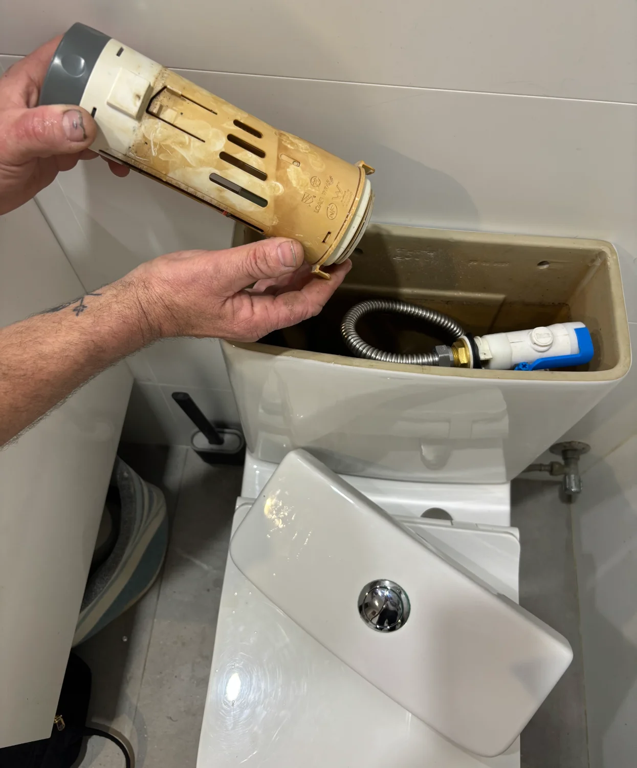 Plumber removing the cistern internals from a toilet during a maintenance service on the Central Coast